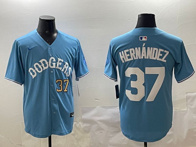 Men Los Angeles Dodgers 37 Hernandez Light Blue Joint Name 2025 Nike MLB Jersey style 22